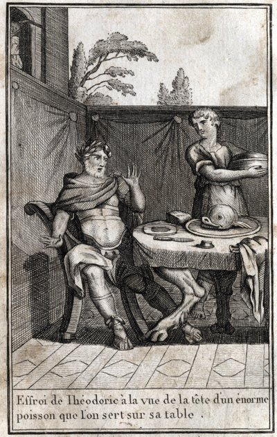 Nagy Theodorik (kb. 454/455-526), a gótok királya megijed az asztalán felszolgáló hatalmas hal feje láttán. Metszet a „Beaute de l