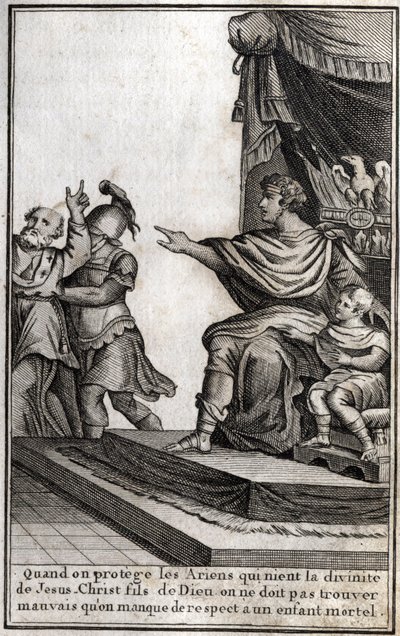 I. Theodosius (Flavius Theodosius) (347-395), római császár, Amphiloque-ot, Icone eveque-jét letartóztatták fia, Arcadius (377-408) iránti tiszteletlenség miatt. Az eveque kijelenti: „Amikor megvédjük az ariánusokat, akik tagadják Jézus Krisztus, Isten Fia alkotó: Unknown artist