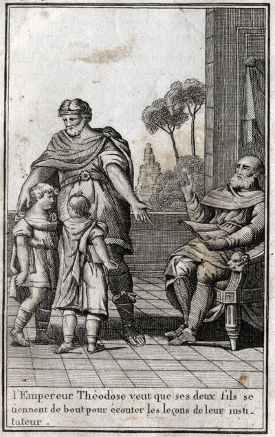 I. Theodosius (Flavius Theodosius) (347-395), római császár azt akarja, hogy két fia, Arcadius (377-408) és Honorius (384-423) álljanak fel, hogy meghallgassák tanáruk leckéit. 4. század. Metszet „Beaute de l