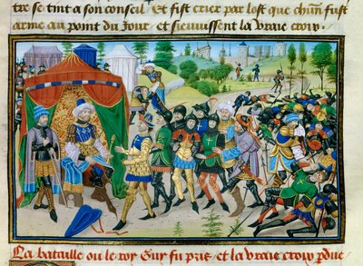 Harmadik keresztes hadjárat: az Igaz Kereszt elvesztése a hattini csata során 1187. július 4-én, miniatűr David Aubert „” Chronicle abregee” című könyvéből, 1450 körül alkotó: Unknown artist