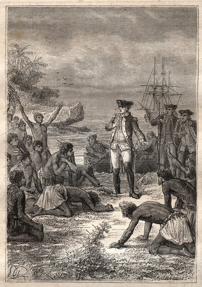 James Cook kapitány (1728-1779) harmadik útja (1776-1779): Cookot szívesen fogadják a bennszülöttek (Hawaii) – az illusztráció a „18. századi nagy tengerészek” című könyvből vett. alkotó: Unknown artist