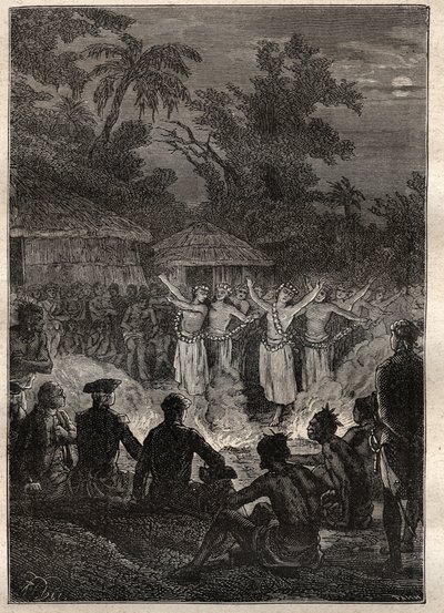 James Cook kapitány (1728-1779) harmadik útja (1776-1779): lakoma a Barátok szigetein (Tongai Királyság, Polinézia) – illusztráció a „18. századi nagy tengerészek” című könyvből. alkotó: Unknown artist