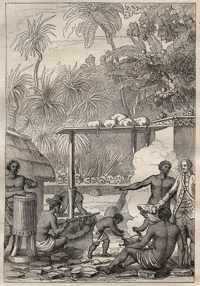 James Cook kapitány (1728-1779) harmadik útja (1776-1779): emberáldozat Tahitin – az illusztráció a „18. századi nagy tengerészek” című könyvből vett. alkotó: Unknown artist