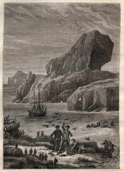 James Cook kapitány (1728-1779) harmadik útja (1776-1779): Kerguelen szigetei (Kerguelen szigetvilág, Antarktisz) – az illusztráció a „” A 18. századi nagy tengerészek” című filmből vett. alkotó: Unknown artist