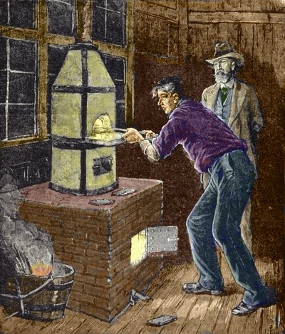 Thomas Edison 1879 körül kísérletezik szénpapírral az izzólámpákhoz. alkotó: Unknown artist