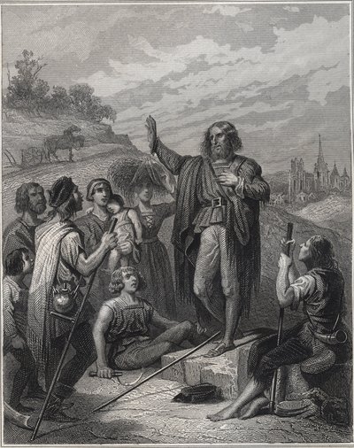Thomas Muntzer prédikáció – Thomas Muntzer (Munzer) (1489-1525) tanítja a tanát – Alfonse: „Les Fastes Populaires, avagy az emberek hősi tetteinek története és azok befolyása a tudományokra, a művészetekre, az iparra és a mezőgazdaságra” metszet E alkotó: Unknown artist