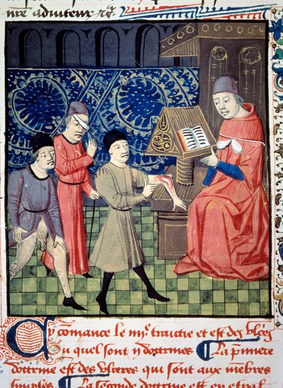 Három beteg a karjában, a szemében és a nemi fekélyben az orvos előtt. Miniatűr a „” Sebészet”-ből (Folio 66), amelyet Guy de Chauliac (1290? 1368) írt. 15. századi kézirat. BN, Párizs alkotó: Unknown artist