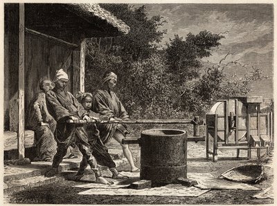 Három paraszt üzemelteti a rizsmalmot. Aime Humbert, a Svájci Államszövetség minisztere, a „Le tour du monde, nouveau Journal des voyages” című 1863–1864-es japán utazást illusztráló metszete Edouard Charton irányítása alatt jelent meg. alkotó: Unknown artist