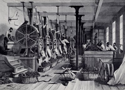 Dohánygyár, mosókonyha és dohányrapage. Metszet 1867 körül. Párizs, Musee Carnavalet alkotó: Unknown artist