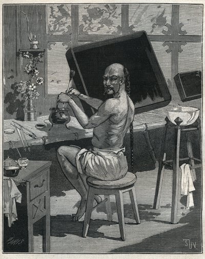 Tong olajhiány Kínában. Metszet 1885-ből Adolphe BITARD „Les arts et metiers illustres” című könyvében. alkotó: Unknown artist