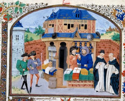 Kereskedelem: kereskedő bolt. Miniatűr Arisztotelész (Kr. e. 383-322) görög filozófus „” Etikai kommentár” című kéziratából, Nicolas Oresme (1325-1382) fordításában alkotó: Unknown artist