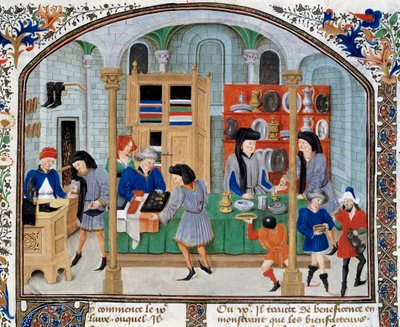 Kereskedelmi jelenet: a kereskedők egy boltban étkészletet és ezüsttárgyakat mutatnak be vásárlóiknak. Miniatűr Arisztotelész (Kr. e. 384-322) görög filozófus „Etikai, politikai és gazdasági” című kötetéből alkotó: Unknown artist