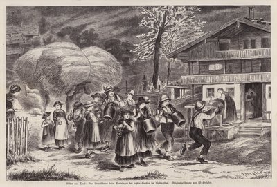 Hagyományos tehénharangok kongatása az utolsó betakarított termés beérkezésének megünneplésére az Alpbachtalban, Tirol, Ausztria (metszet) alkotó: Unknown artist