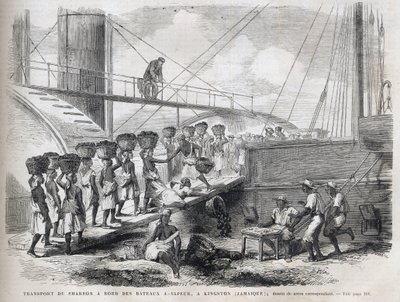 Szénszállítás gőzhajók fedélzetén Kingstonban (Jamaica) - Szénrakodás Kingstonban - Jamaica - 1866 Metszet a „” The Illustrous Universe”-ből” 1866 alkotó: Unknown artist