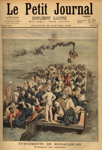 Sérült repatírok szállítása Madagaszkárról. Metszet a „” Le petit Journal”-ban 1896.01.26. Selva gyűjteménye. alkotó: Unknown artist