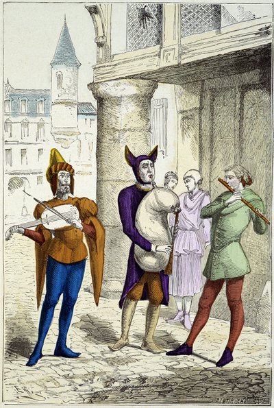Utazó zenészek a 15. században – „” Costumes de Paris évszázadokon át”” alkotó: Unknown artist