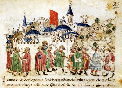 Utazó zarándokok érkeznek Rómába. 14. század. Krónikák Sercambi. Lucca, Országos Levéltár. alkotó: Unknown artist