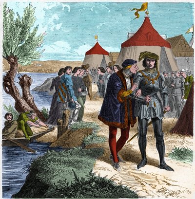 Conflans-i szerződés 1465. május 5-én XI. Lajos francia király és Charles de Charolais (később Temeraire Károly) között, amely véget vet a nemesek vagy a Közjó Ligájának lázadásának. Metszet Paul Lehugeur Histoire De France En Cent festményeibe, 1891. alkotó: Unknown artist
