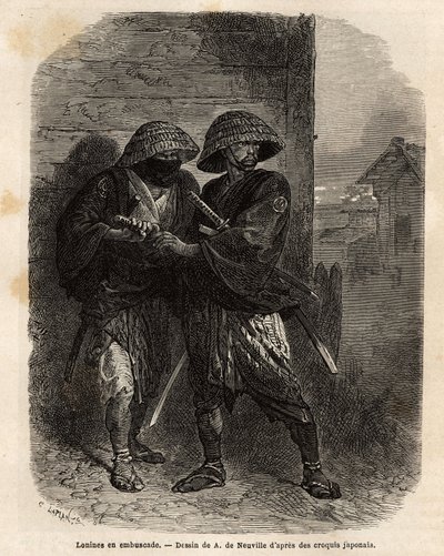 Két ronin (szamuráj, aki elvesztette gazdáját) lesben áll. Aime Humbert, a Svájci Államszövetség minisztere által az 1863–1864-es japán utazást illusztráló metszet a „Le tour du monde, nouveau Journal des voyages” című folyóiratban, amely az irányítás alat alkotó: Unknown artist