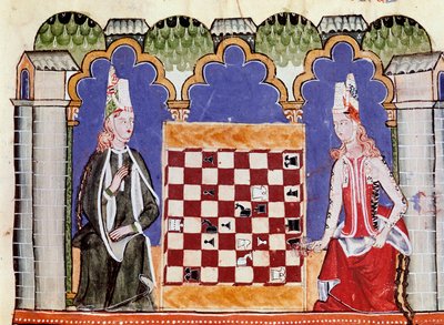 Két nő sakkozik. Miniatűr a Bölcs X Alfonso vagy a Savant „” Libro de los juegos”” kéziratából (spanyolul Alfonso X el Sabio alkotó: Unknown artist