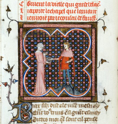 ""Egy fiatal férfi és egy idős nő"" Megvilágított oldal Guillaume de Lorris (1200-1238 körül) és Jean de Meun (Meung) (1240-1305) "Le Roman de la Rose"" kéziratából, 1353 körül Svájc Genfi Könyvtár alkotó: Unknown artist