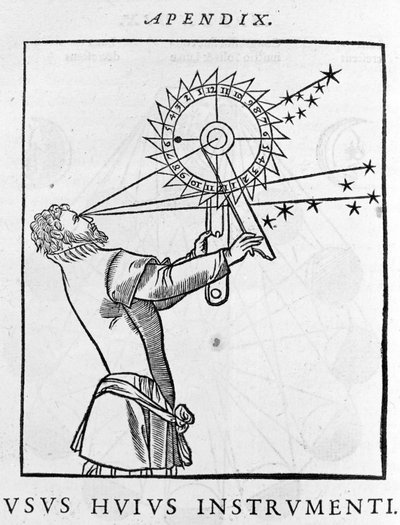 Eszköz használata a csillagokhoz viszonyított idő kiszámításához éjszaka (asztrolábium) – Cosmographia de Pietro Apiano, Párizs 1551. alkotó: Unknown artist