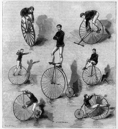 Velocipedikus gyakorlatok az amerikai Dan Canarytól. Metszet a „természetbe”: 1888. július 21-i áttekintés a tudományokról és alkalmazásukról a művészetben és az iparban. alkotó: Unknown artist