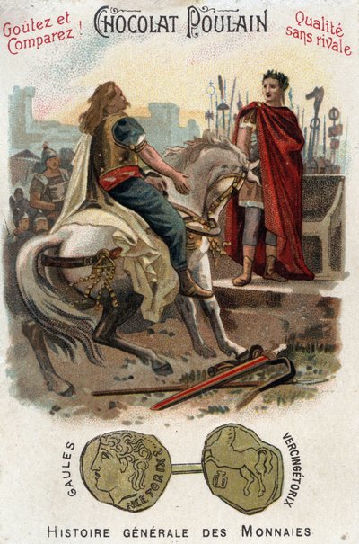 Vercingetorix (Kr. e. 72-46), a gall lázadás vezetője fegyvert tesz Cesar (Kr. e. 100-44) lábai elé, miután véglegesen elvesztette Alesia városát - Az érmék általános történetében - Csokoládé-csikó kromolitográfiája a késői időszakról 19. század - Magán Ko alkotó: Unknown artist