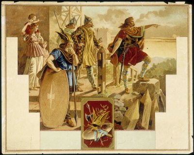 Vercingétorix gallokkal, harcosokkal, nőkkel és gyerekekkel körülvéve - Kromolitográfia alkotó: Unknown artist