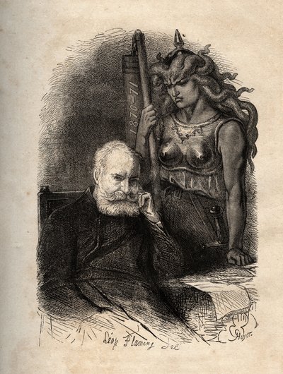 Victor Hugo seated with a goddess of war - engraving from “” The Terrible Year”” (“The Terrible Year”), a series of poems that deal with the Siege and the trauma of losing his so - Victor Hugo, haante par la goddess de la guerre engraving in “” L