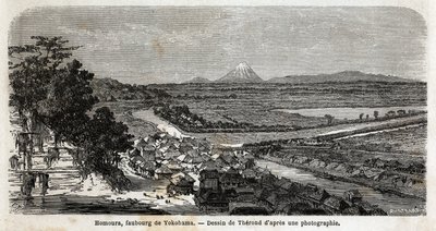 Kilátás Homoura-ra, Yokohama külvárosára, a Fuji-hegytel a háttérben. Aime Humbert, a Svájci Államszövetség minisztere által készített metszet az 1863–1864-es japán utazás szemléltetésére a „Le tour du monde, nouveau Journal des voyages” címmel. alkotó: Unknown artist