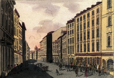 Kilátás a Kohlmarkt utcára Bécsben, Ausztriában. Metszet 1820-ból alkotó: Unknown artist