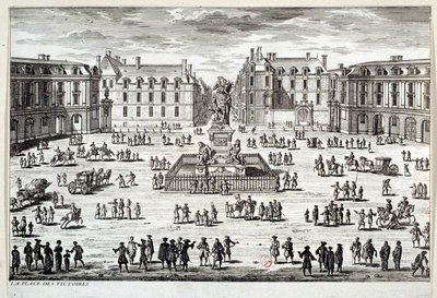 Kilátás a párizsi Place des Victoires-ra XIV. Lajos szobrával, amelyet a marechal de la Feuillade emelt fel 1686-ban. Metszet a 17. századi Párizsról, Musee Carnavalet alkotó: Unknown artist