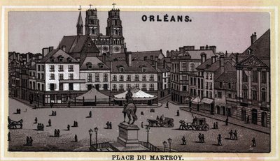 Kilátás a Place du Martroy-ra, Orleans-ban, Loiret megyében és a középső régióban, Franciaországban. A 19. század végének kromolitográfiája. alkotó: Unknown artist