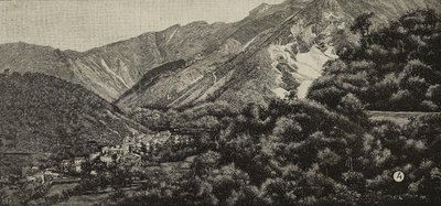 Torano látképe Carrara közelében, Olaszország, a háttérben egy márványbánya, metszet A Noak fényképéről, L