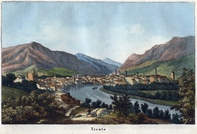 Trento látképe (Dél-Tirol, Olaszország) (Trento) - 19. század - metszet a „” Az Univerzum minden népének felhasználása és szokásai című könyvből. Ez a kormányzás, a törvények, a milícia, a nemzetek vallásának története a legtávolabbi időktől a napokig alkotó: Unknown artist