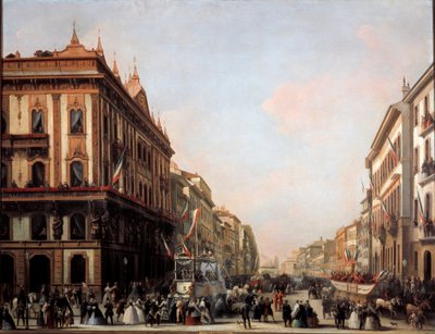 Kilátás a Venezia utcára karneváli úszóval, Milánó (festmény alkotó: Unknown artist