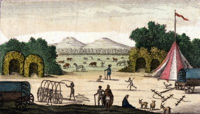 Kilátás egy holland táborra (a Pioneers Boers vagy Voortrekkers, Afrikaners-től) Pampoen Kraalban (Pampoen-Kraal), Cape tartományban, Dél-Afrikában. 1860 alkotó: Unknown artist