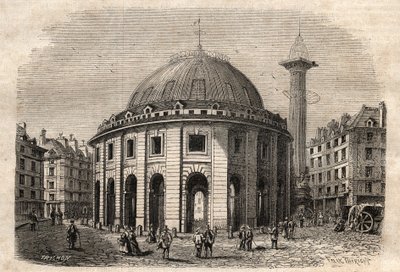 Kilátás a párizsi halle au ble-re (épült 1763-1769-ben) és a Medici-oszlopra, metszet 19. század eleje - búza- és kukoricabörze Párizsban (épült 1763-1769), metszet 19. század eleje - Vue de la Halle au ble, a jelenlegi Hotel de Soissóban helyezték el alkotó: Unknown artist