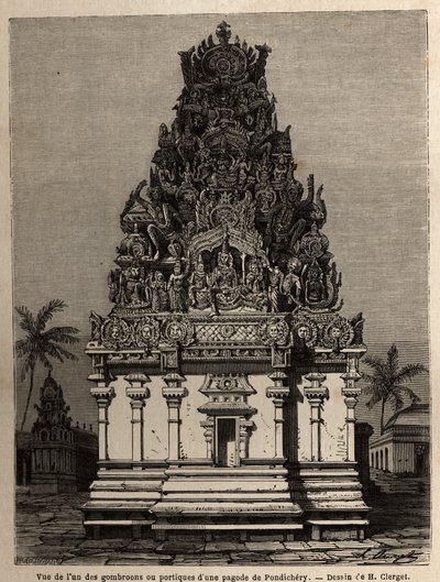 Kilátás a pondicherry pagoda (Pondicherry) egyik gombrooonjára vagy portikusára (India). Metszet a chillambarani pagodához (Coromandel cote) 1838 és 1844 között Párizs ellentengernagy, a depó des cartes igazgatója által végzett expedíció illusztrálására. alkotó: Unknown artist