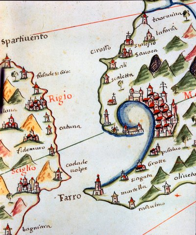 Kilátás a Messinai Detroitra, Calabria és Szicília között Olaszországban. Részlet Castellini portulánjáról alkotó: Unknown artist