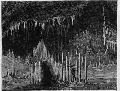 Kilátás a „templom termére” a Dargilan (Lozere) barlangban. Metszet a „” La Nature-be. Revue des sciences et de ses applications aux arts et a l