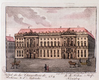 Kilátás a Csehországi és Ausztriai Kancellária szállodájára Bécsben, Ausztriában. Metszet 1815-ös magángyűjteményből alkotó: Unknown artist
