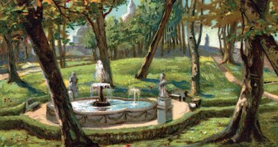 A Vatikáni Kertek látképe, Róma, Olaszország (View of the Vatican City Gardens, Italy) 1930-as évekbeli kromolitográfia Magántulajdonú gyűjtemény alkotó: Unknown Artist