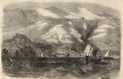 Kilátás Funchal városára a Madere szigetén (Madeira), Portugáliában. Gravírozás a február 29-i „” The Illustrated London News”-ba alkotó: Unknown artist