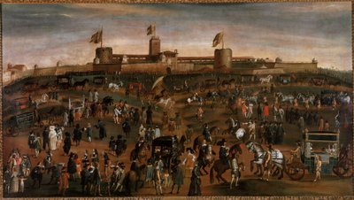 Kilátás Milánó városára, a Sforza kastélyára (castello Sforzesco) és a kocsik forgalmára Névtelen festmény 1660-1670 körül Milánó, museo di Milano alkotó: Unknown artist