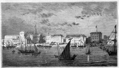 Kilátás Zanzibár városára Afrikában. Bal oldalon a francia konzulátus. Jobb oldalon a szultáni palota és az arzenál. Metszet a „The Universe illustrious”-ba alkotó: Unknown artist