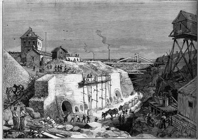 Kilátás a villejuifi ivóvíztartályok építkezésére. Metszet a „” Le Monde Illustré”” 1300. számban, február 25 alkotó: Unknown artist