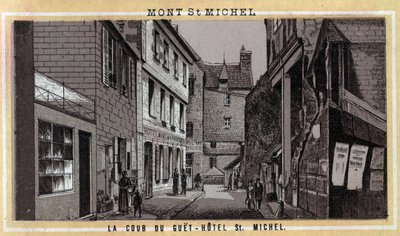 Kilátás a Guet Hotel (Guet-Hotel) udvarára a Mont Saint Michelen, Manche, Normandia. A 19. század végének kromolitográfiája. alkotó: Unknown artist