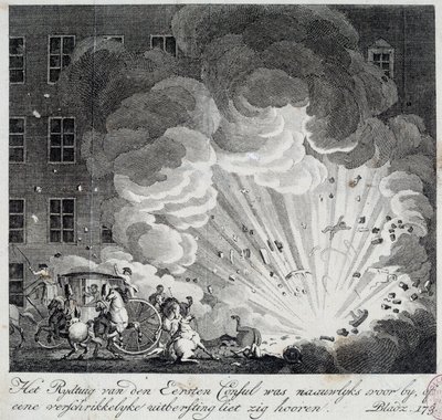 Kilátás a párizsi rue Saint Nicaise pokolgépének felrobbanására a 3. nivose an IX. A pokolgép összeesküvése Napóleon Bonaparte, a Brumaire 18-i államcsínyt követő új első konzul megölésére irányuló összeesküvés. Egy be alkotó: Unknown artist
